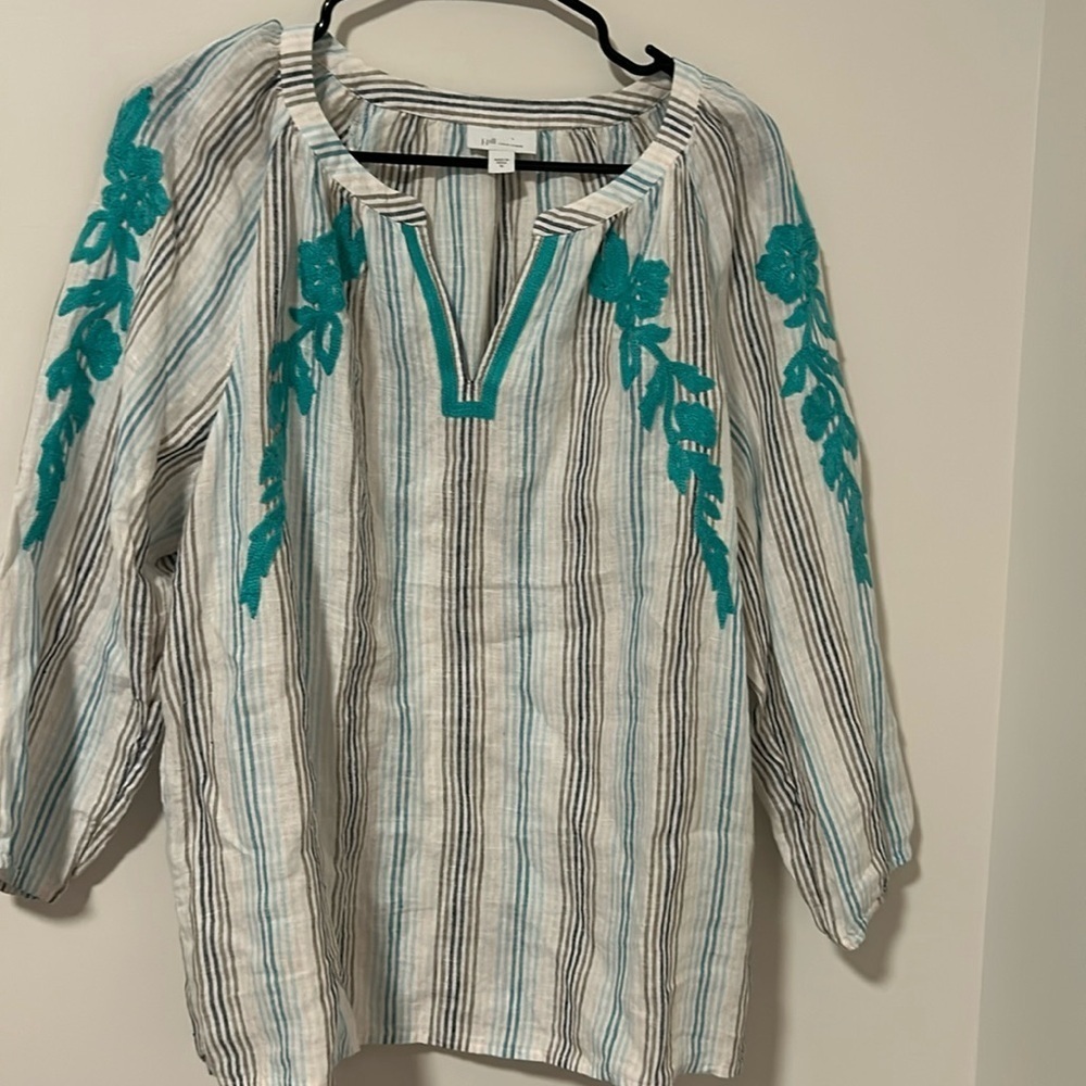 J Jill Love Linen 100% Linen Blue Embroidered Blouse Coastal Cottagecore Size M
